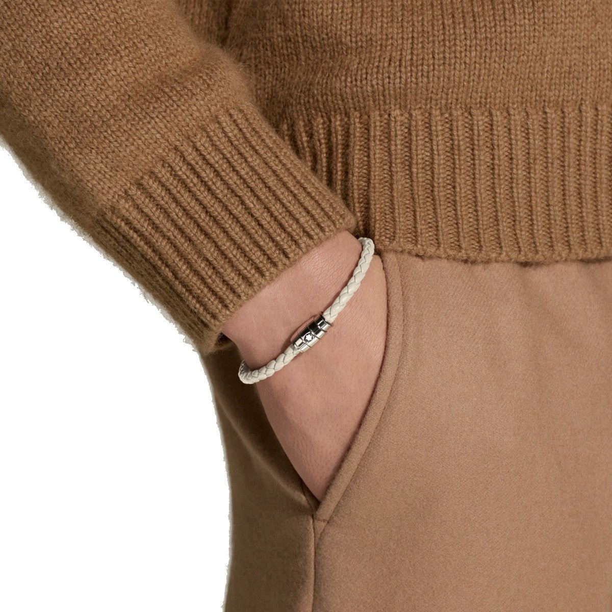 Bracelet hommeMontblancBracelet acier 3 anneaux Collection Meisterstück en cuir beige nuageS