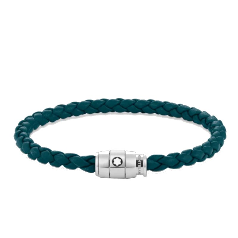 Bracelet hommeMontblancBracelet Montblanc à 3 anneaux de la collection Montblanc Meisterstück en acier et en cuir bleu pétroleS