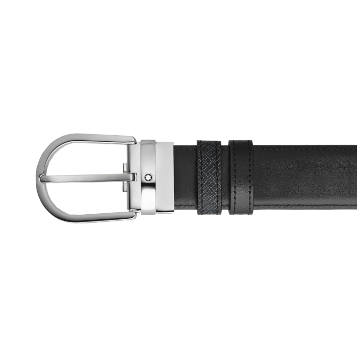 Ceinture hommeMontblancCeinture Montblanc réversible à boucle fer à cheval de 35 mm en cuir bleu tweed/noir