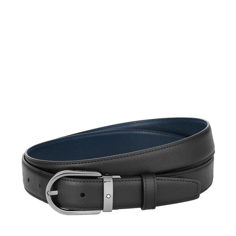 MontblancCeinture réversible à boucle fer à cheval de 30 mm en cuir noir/bleu