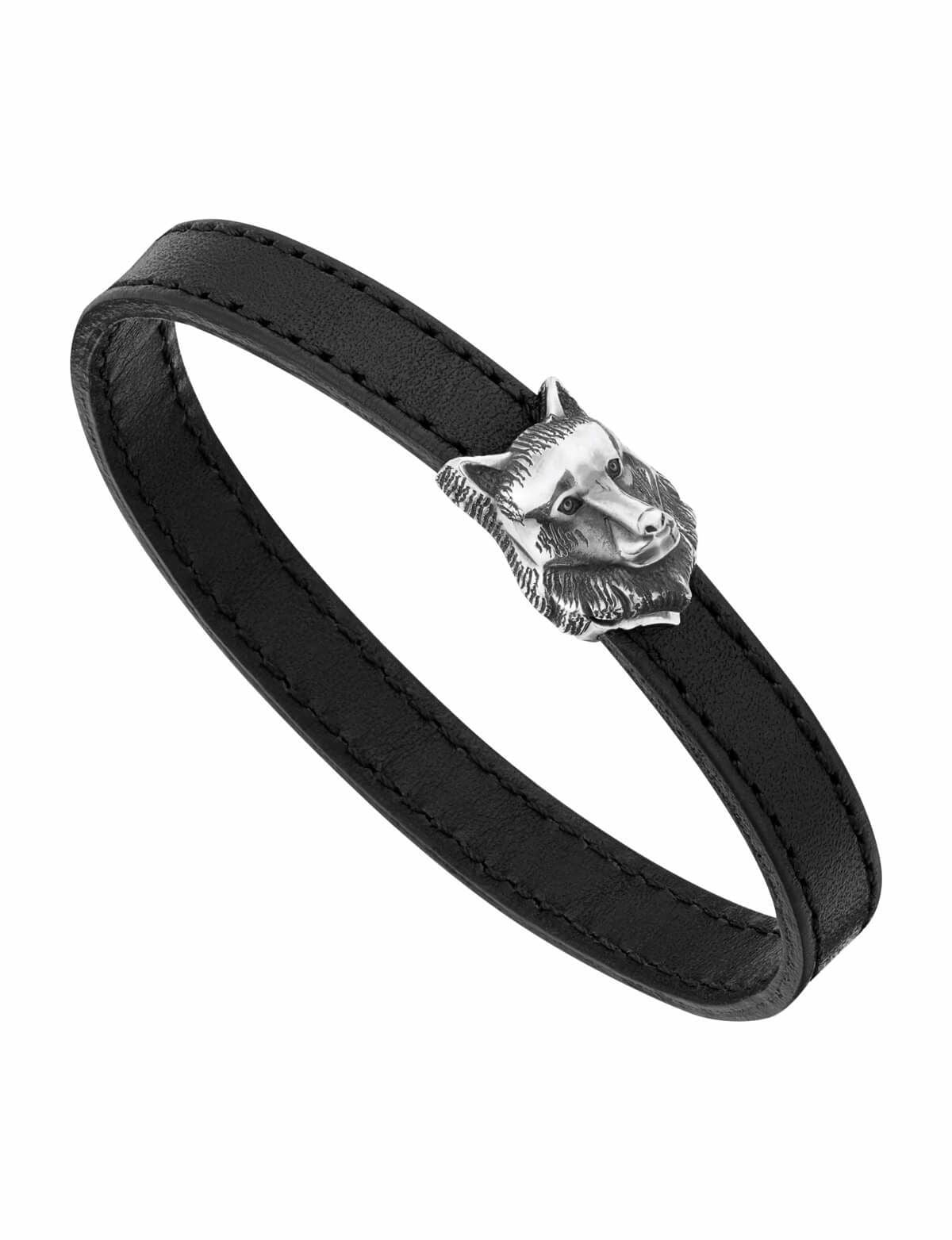 Bracelet hommeMontblancBracelet en cuir noir Montblanc avec fermoir tête de loup en argent massif