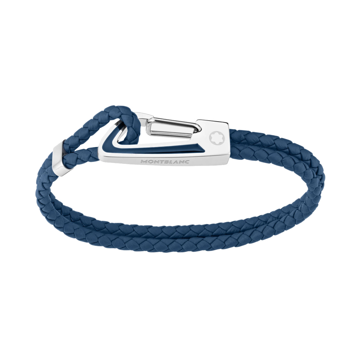 Bracelet en cuir bleu tressé avec fermoir mousqueton en acier etinsert en laque bleu