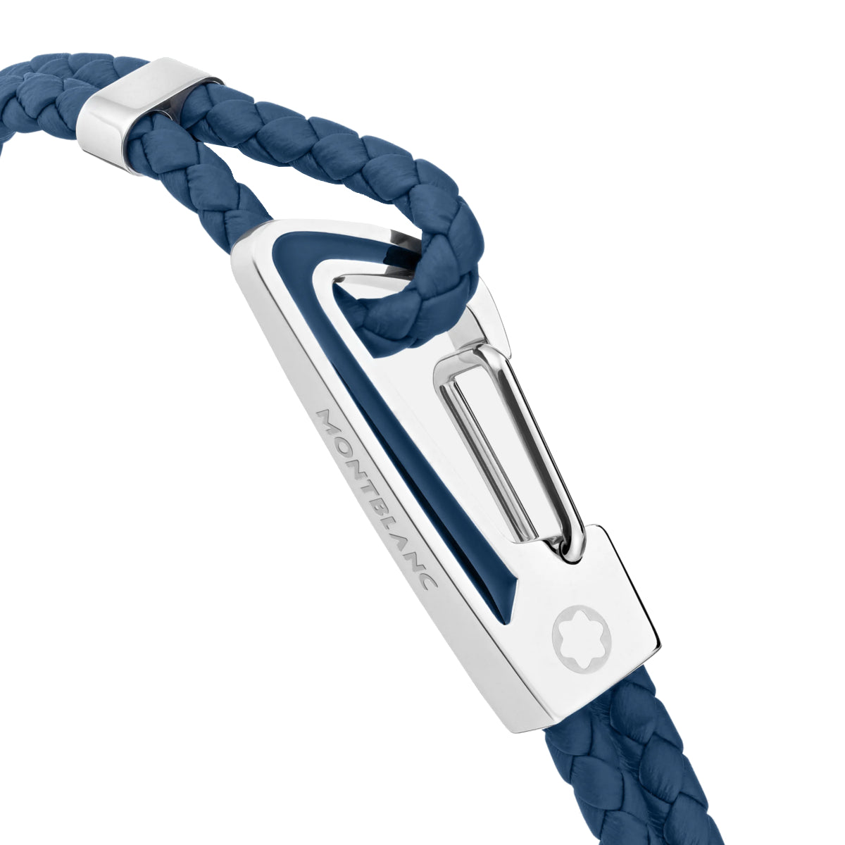 Bracelet en cuir bleu tressé avec fermoir mousqueton en acier etinsert en laque bleu