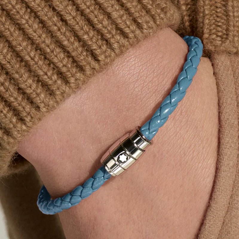 Bracelet hommeMontblancBracelet Montblanc Meisterstück en acier 3 anneaux en cuir bleu cendréS