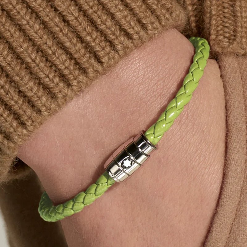 Bracelet hommeMontblancBracelet Montblanc Meisterstück en acier 3 anneaux en cuir vert citronS