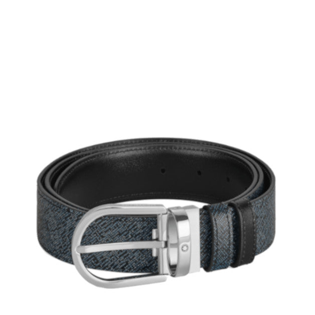 Reversible Montblanc belt with 35 mm horseshoe buckle in blue tweed/black leather 