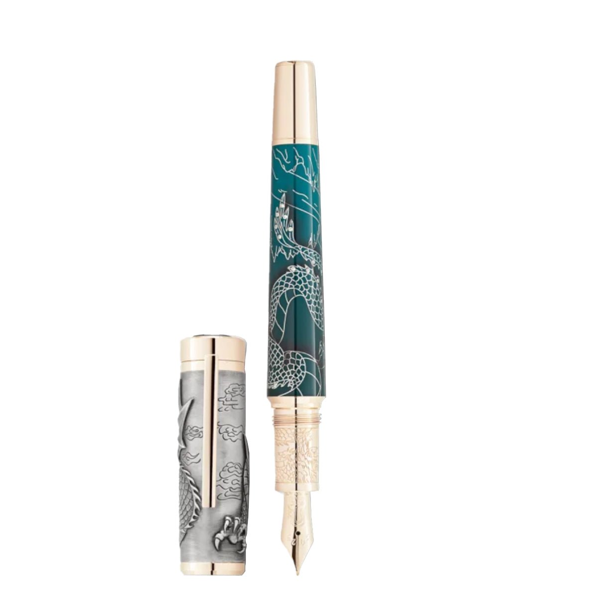 Stylo Plume Ancien Aux Dragons Marbré - Plume Or 18 Carats Rentrante, Très Bon état